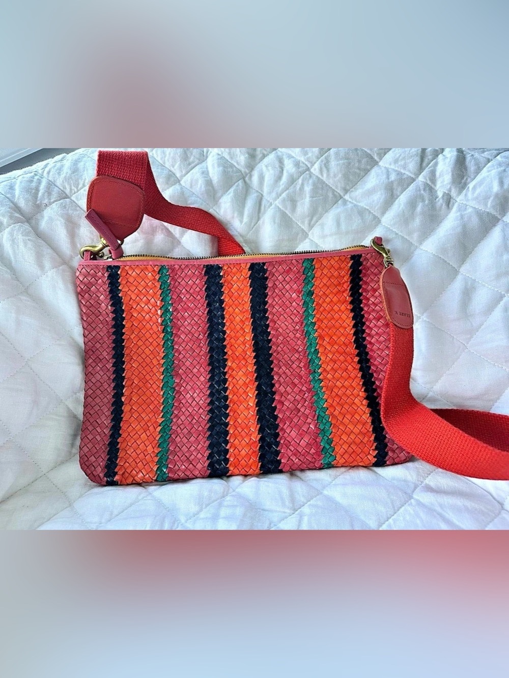 Clare V. Flat Clutch w/ Tabs. Woven Striped Crossbody Bag in Red & Orange